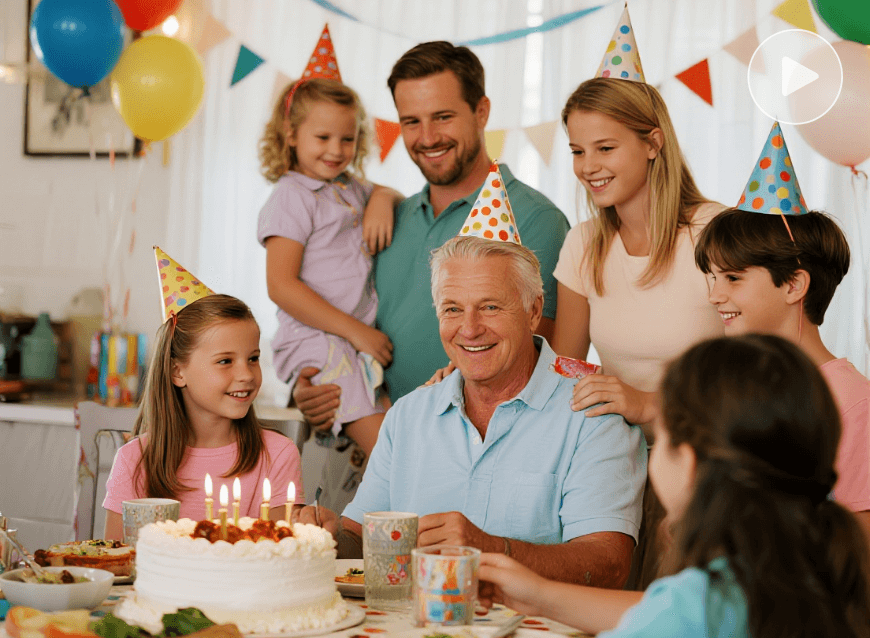 A birthday highlight video showing a family celebrating their grandpa birthday
