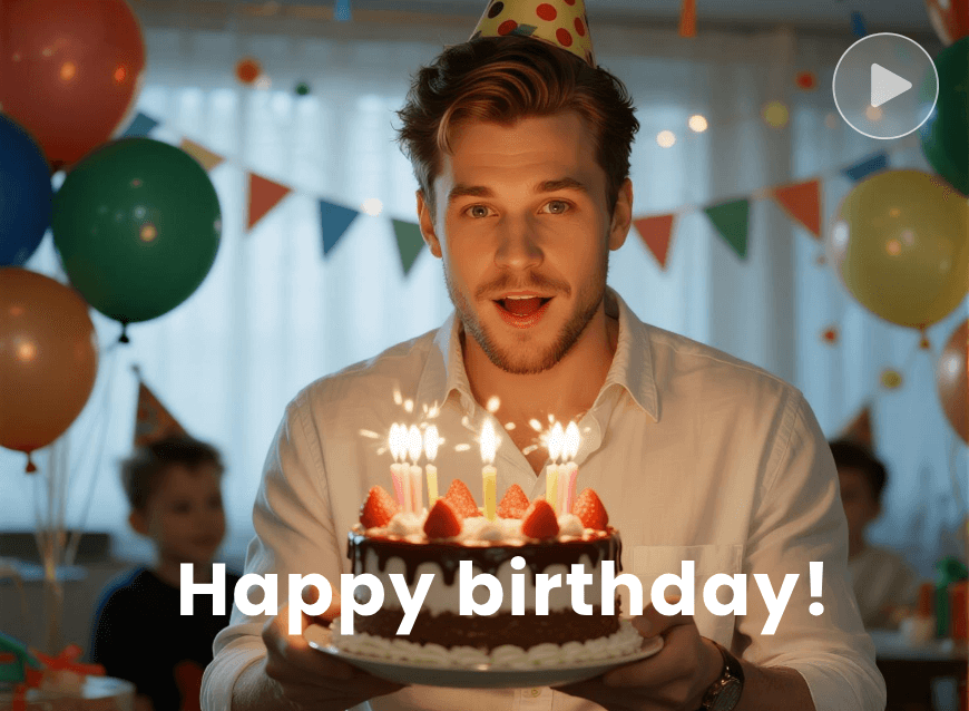 A birthday message video featuring a man delivering bithday messages and holding a cake