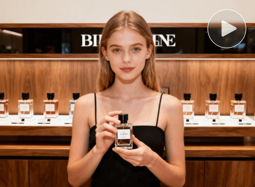 A blonde hair girl is holding a perfum