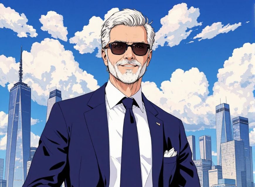 白髪のビジネスマンの写真をファンタジーアニメフィルターで加工した画像