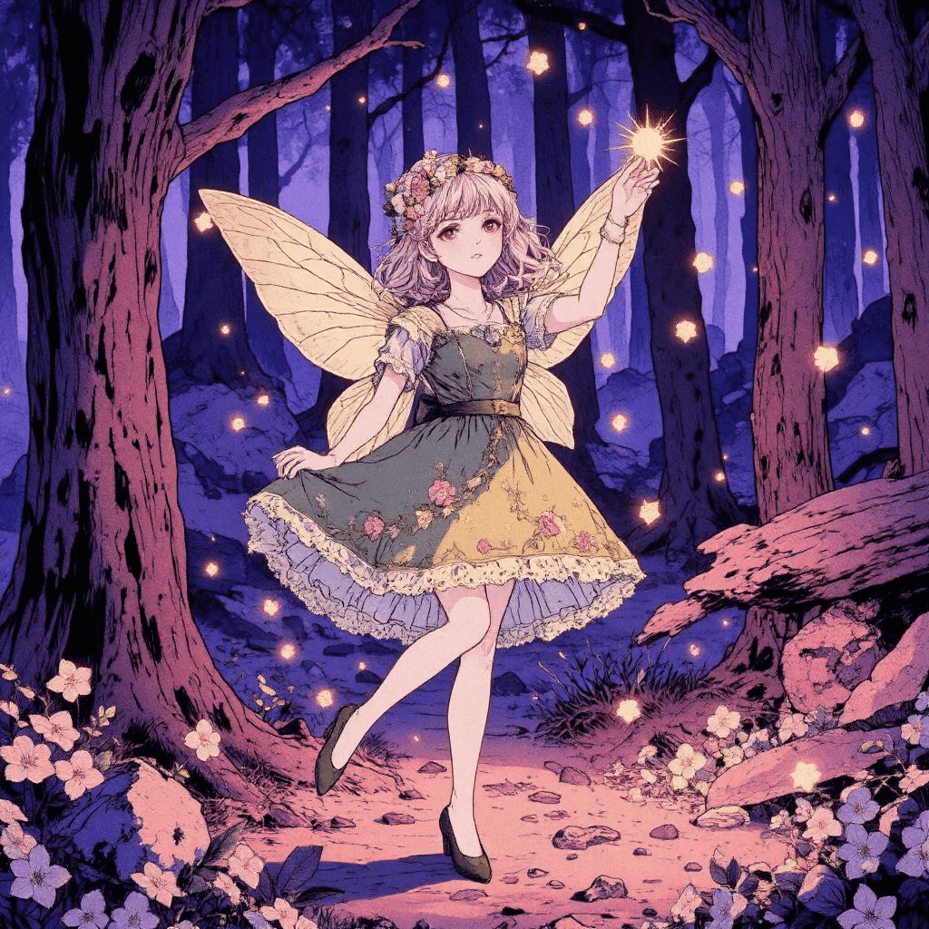 A cute anime fairy in a forest in fantasy anime style
