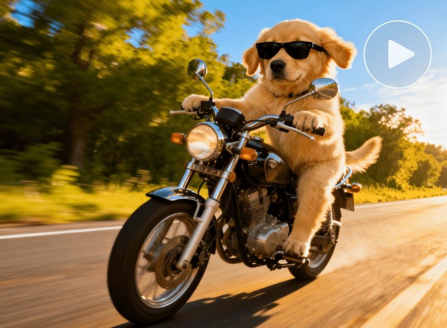 A dog wearing sunglasses is riding a motor on the rode