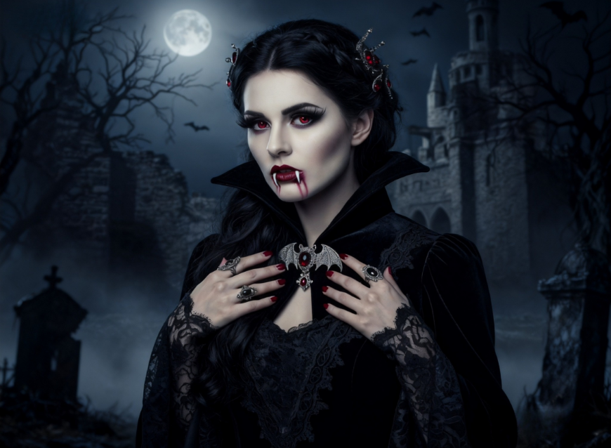 Une vampire féminine se tenant dans une forêt sombre