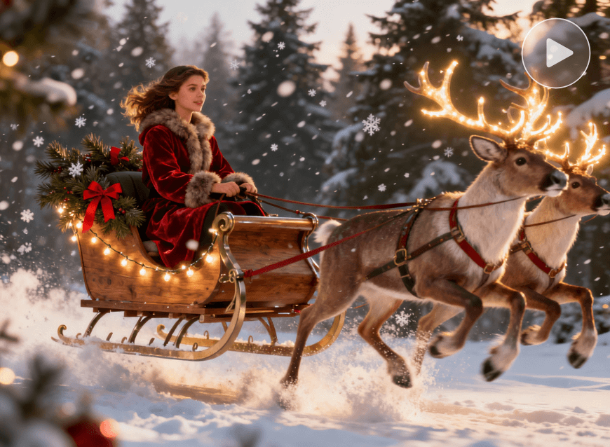 Une fille chevauchant le traîneau du Père Noël sur une route enneigée
