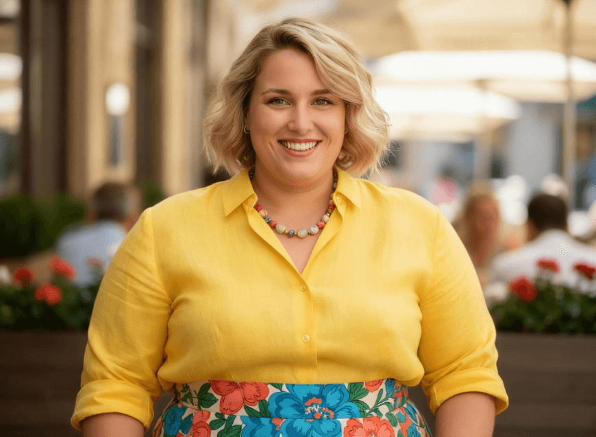 A heavy girl in yellow blouse generated with clipfly fat filter