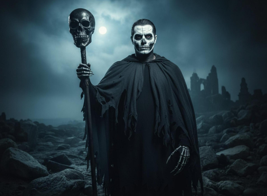 Un homme horrible tenant un squelette