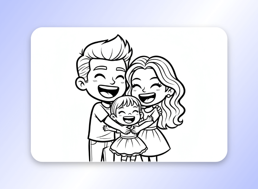 A line drawing chibi art featuring a happy family