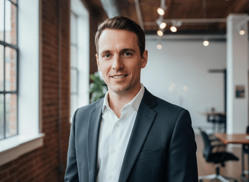 A linkedin profile photo of a man with light smile in an office