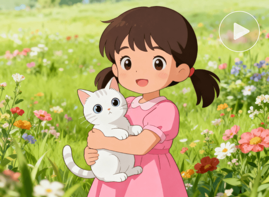 A little girl with two tails and red dress is holding a white cat