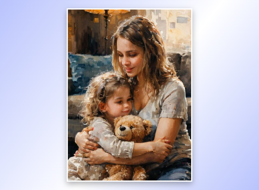 A long hair girl hugging her younger self in painting style