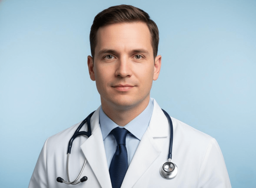 A male dactor wearing white coat with light smile