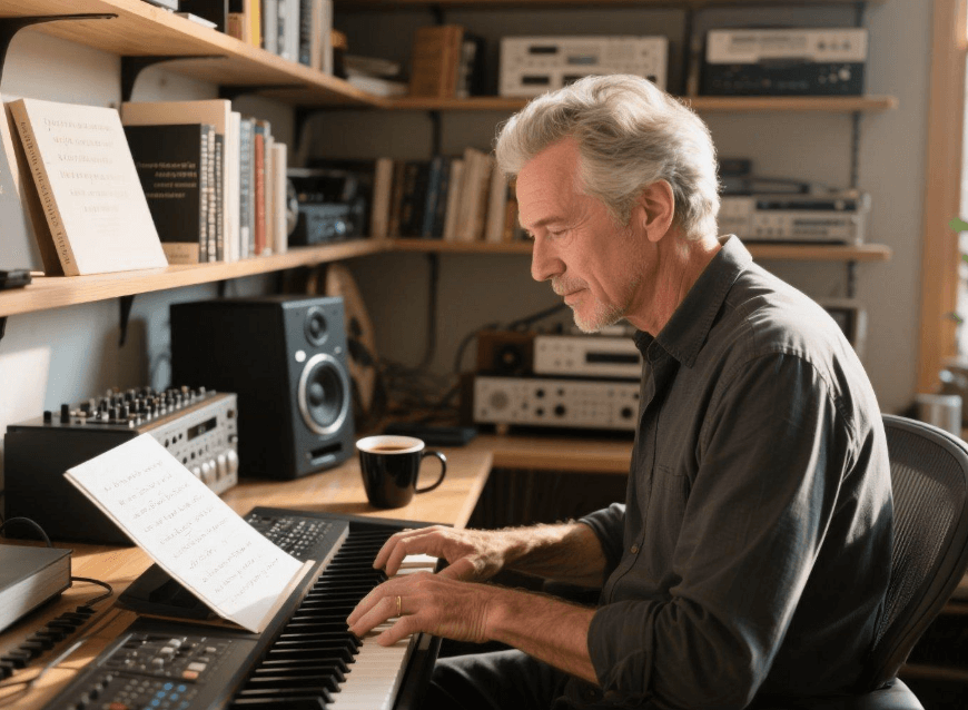 ピアノを弾きながら作詞するプロの作曲家