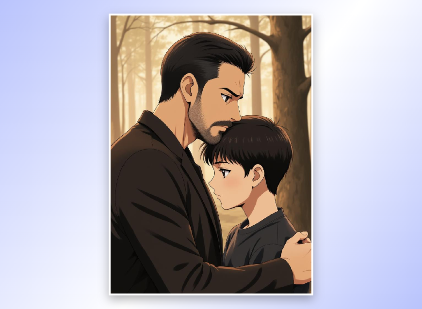 A man hugging his younger self in anime style