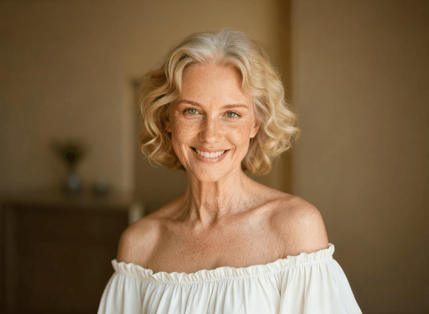 A middle aged woman in white dress generated with clipfly old filter