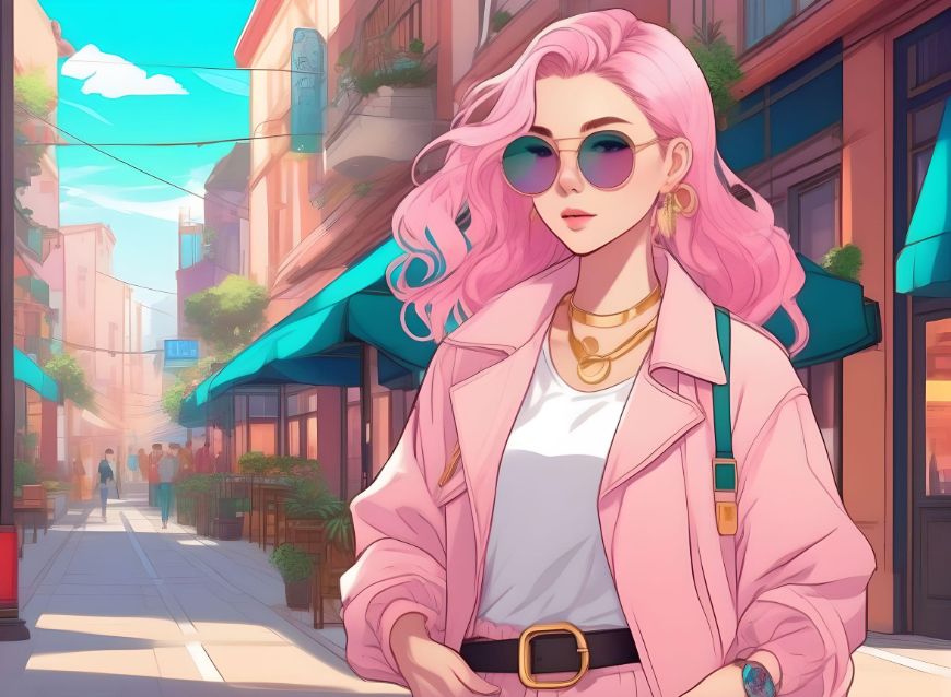 アニメ風のピンクの髪の少女の写真