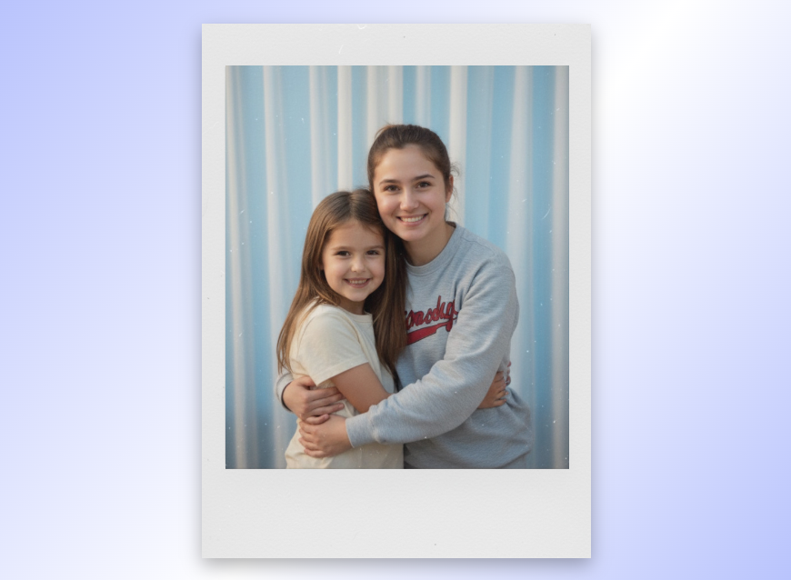 A photo of a woman hugging her younger self in Polaroid style