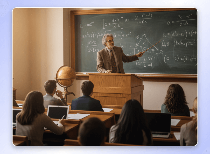 A professor teaches students complex mathematical formula
