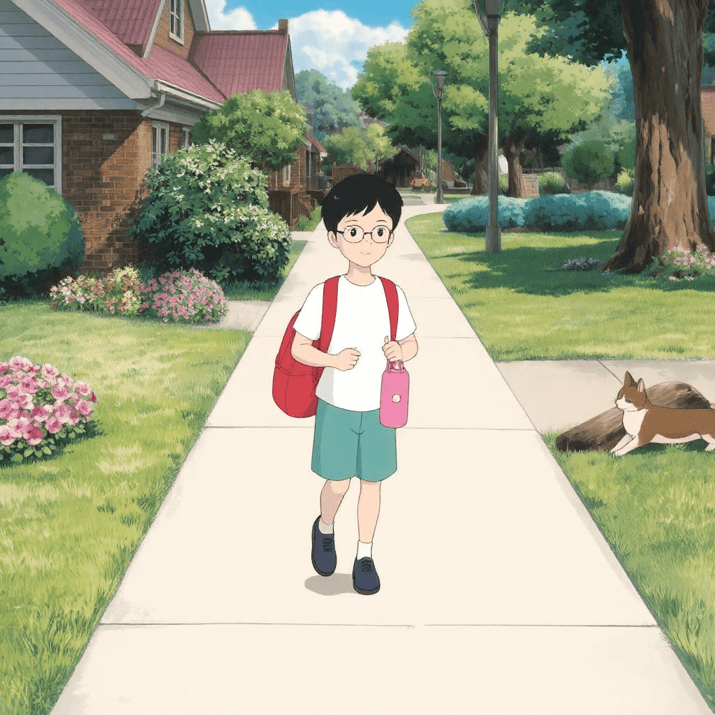 A school boy walking on a road in ghibli style