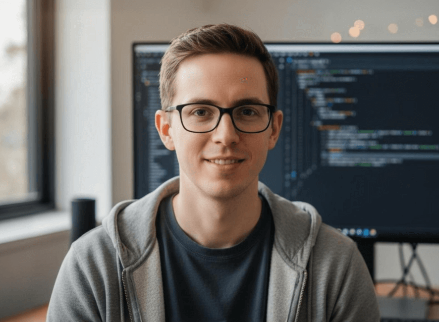 A tech programmar wearing glasses sitting in office