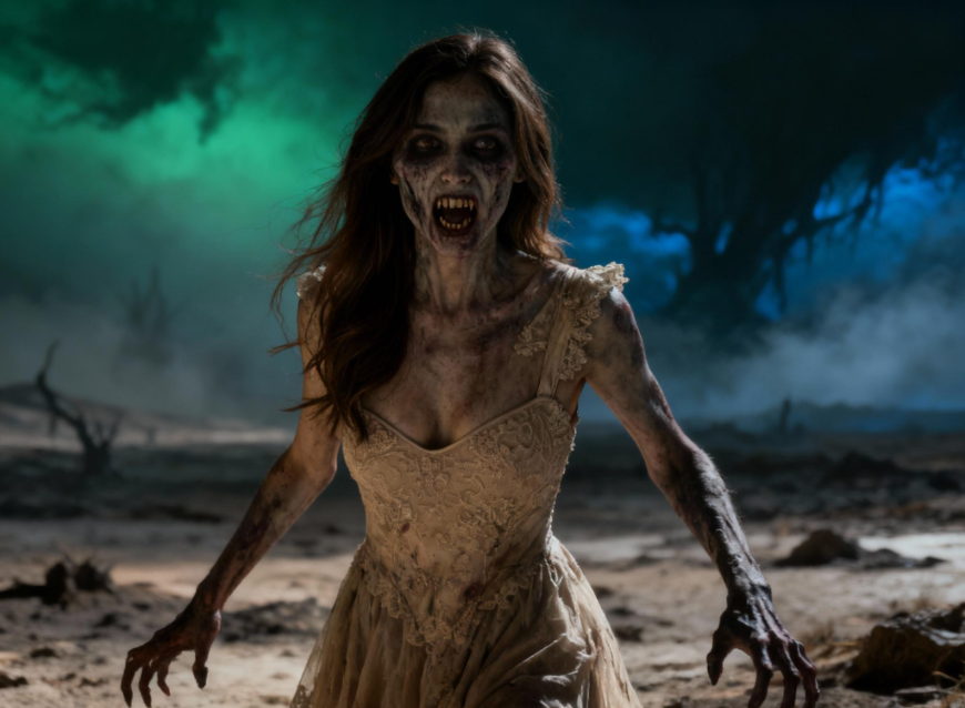 Une femme zombie terrifiante avec des cicatrices ensanglantées dans une forêt horrible