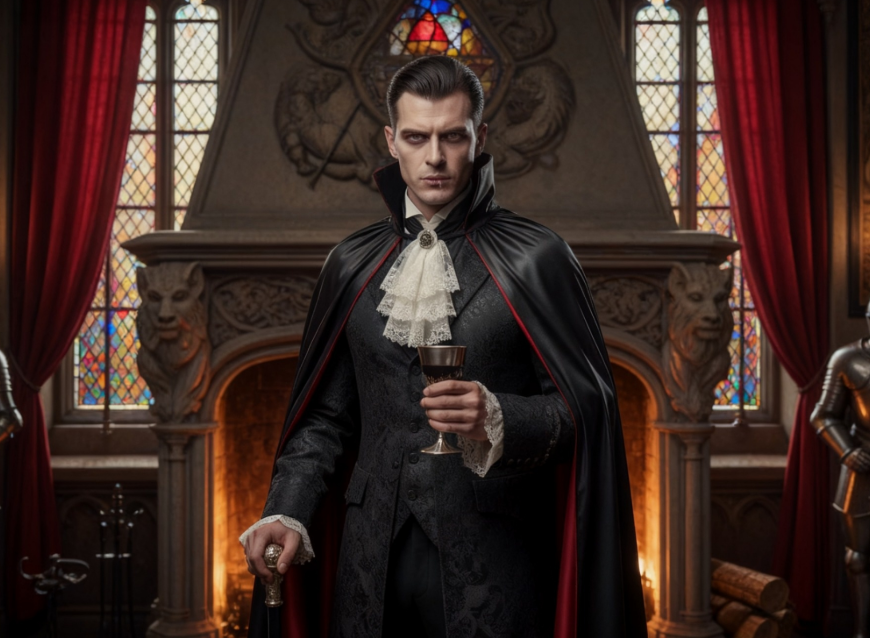 Un duc vampire tenant un verre dans un château