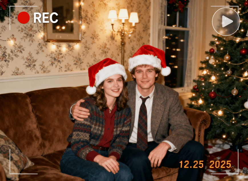 Une photo vintage montrant un couple assis dans une pièce festive décorée pour Noël