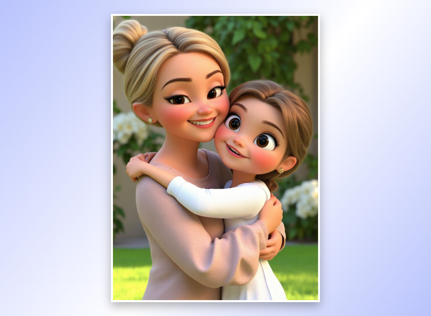 A woman holdding her younger self in 3d style