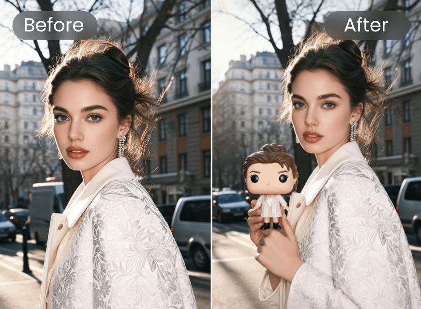 A woman holding a funko pop figure generated from her picture