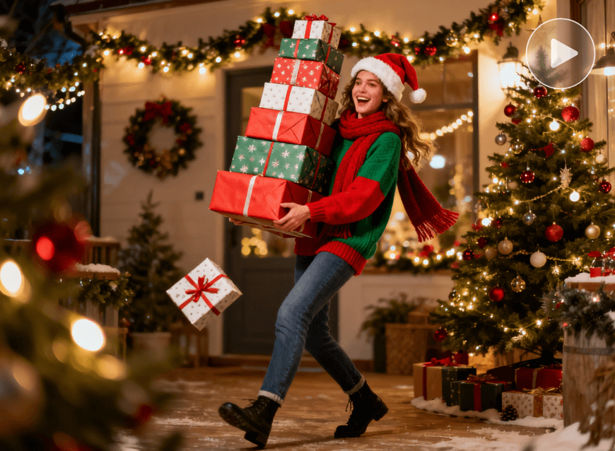 Une femme avec un bonnet de Père Noël tenant de nombreux cadeaux de Noël