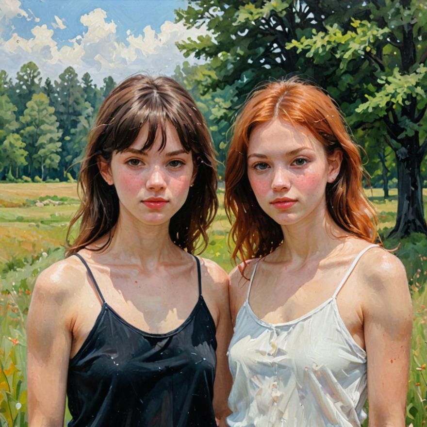 Estilo de pintura acrílica de duas meninas em pé em frente a uma floresta