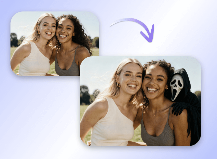Add a ghost to a group photo of two girls to prank them