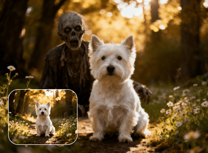 Add a ghost to a photo of a cute dog