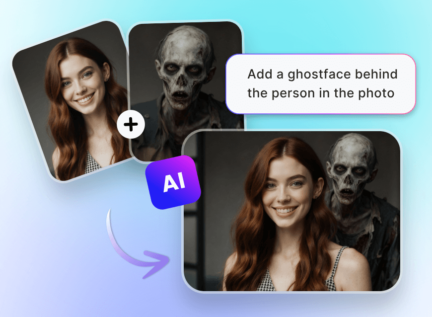 Add a ghost to a photo of brown hair lady through prompts