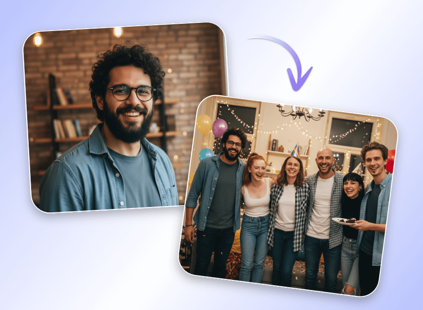 Add a photo of a man to a group photo of a friend reunion