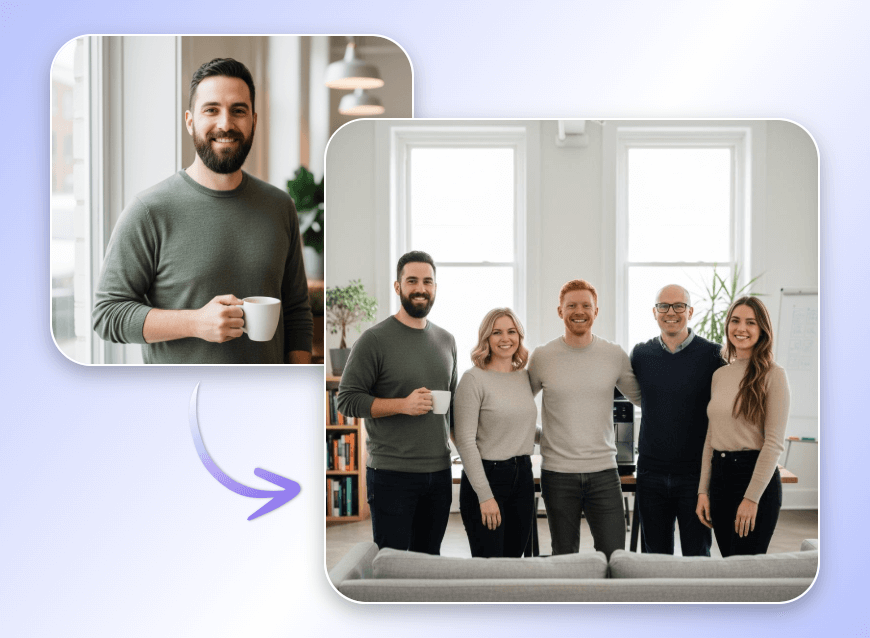 Add a photo of a man to a group photo of an office team