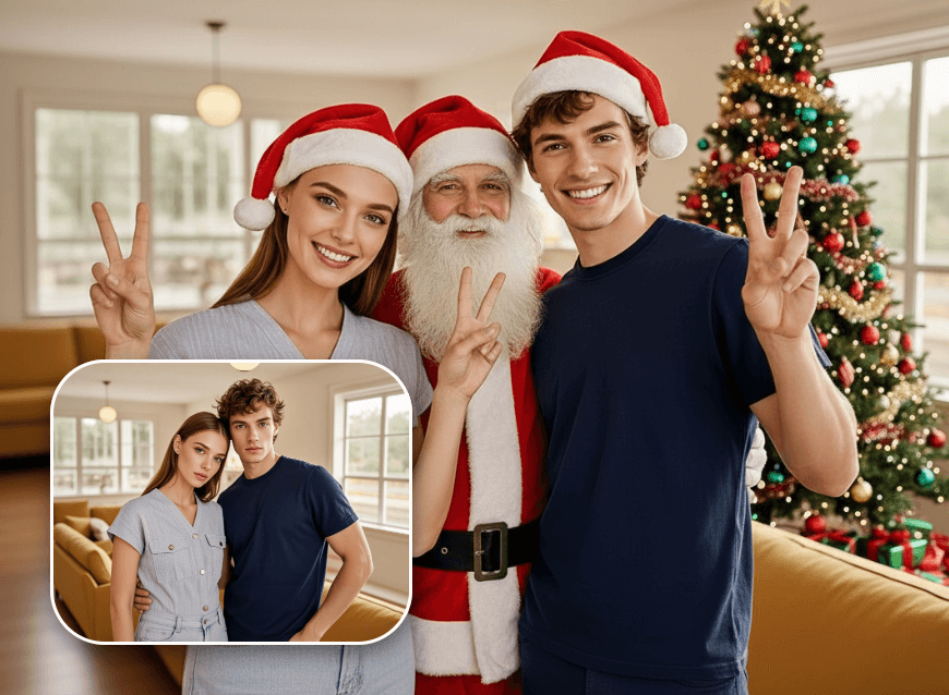 Add a santa claus to the couple photo
