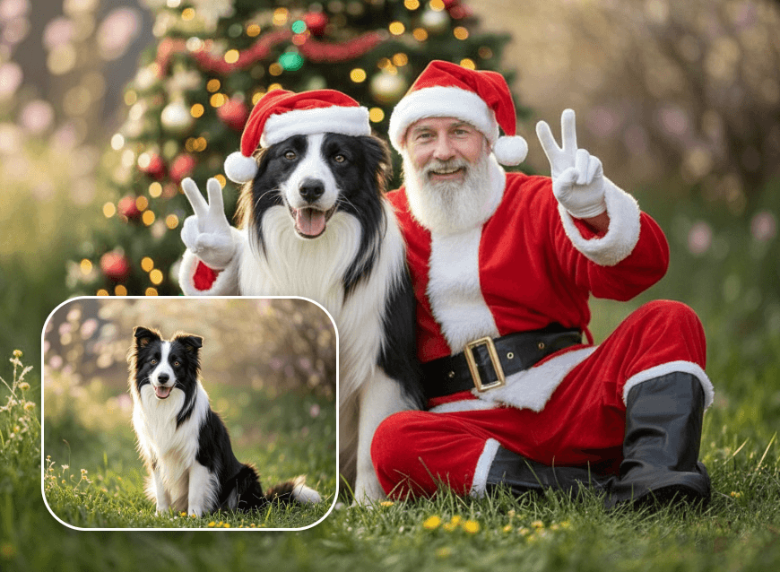 Add a santa claus to the dog photo