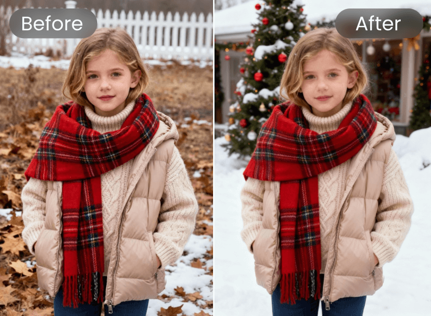 Añade un jardín nevado navideño a la foto de la chica guapa