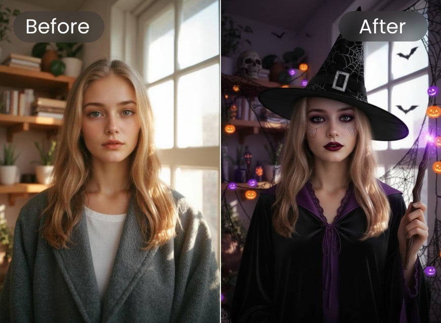 Mit dem Hexenfilter von Clipfly wird ein Hexenhut und Hexen-Make-up auf ein Foto einer Frau mit blonden Haaren angewendet