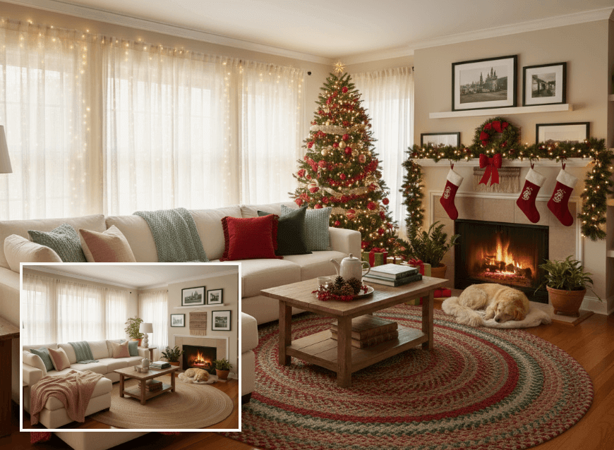 部屋の家具の写真にクリスマスの飾り付けを追加するクリスマス加工