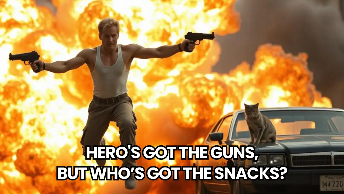 Ai movies meme featuring a man holding two guns against a big fire scene
