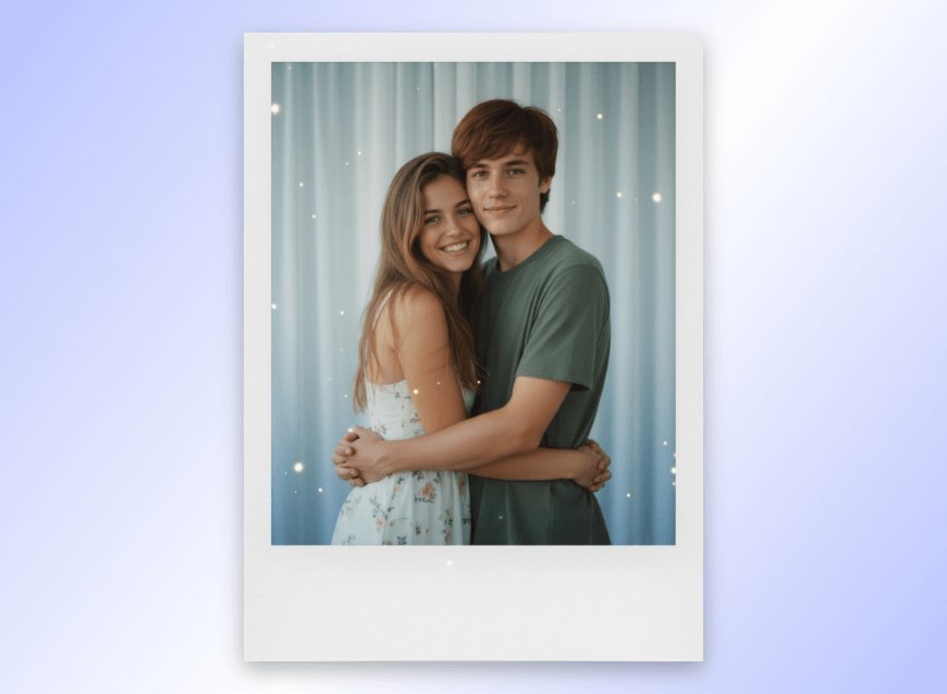 Ai polaroid photo featuring a hugging couple