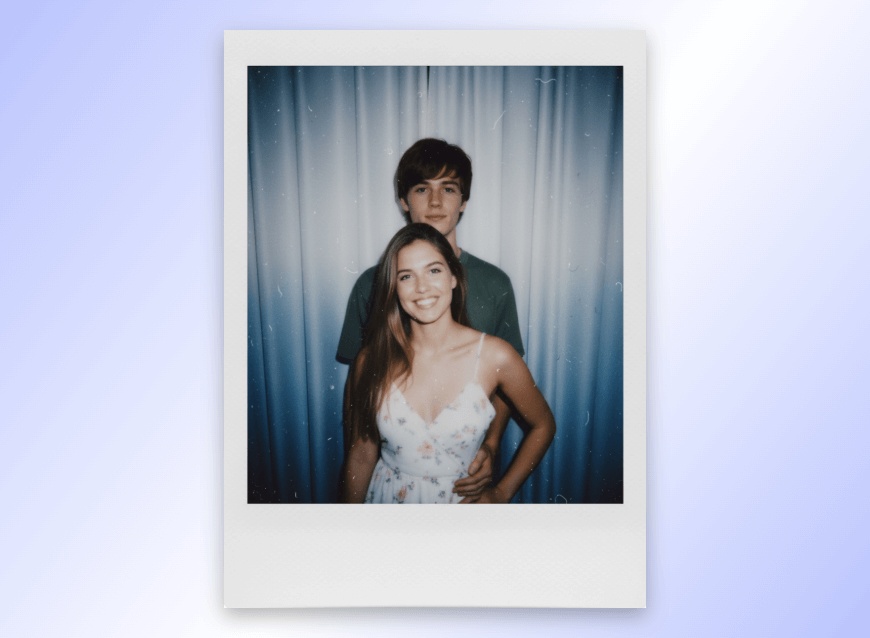 Ai polaroid photo featuring a man holding the waist of a woman
