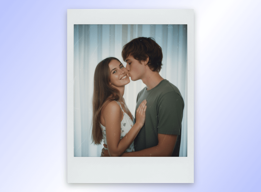 Ai polaroid photo featuring a man kissing a woman on her cheek