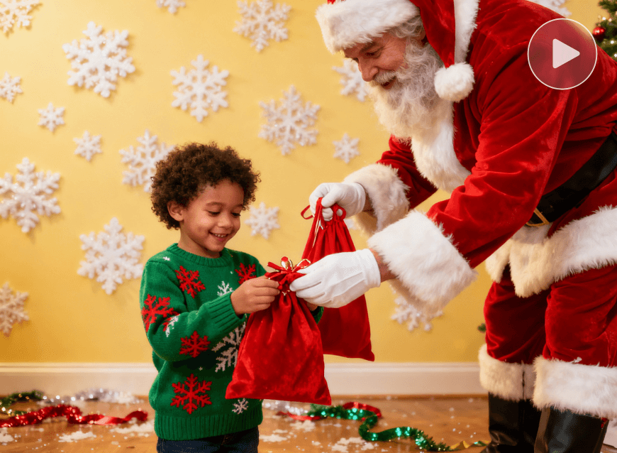 Le Père Noël IA livrant des cadeaux de Noël à un petit garçon