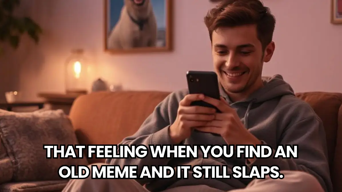 Ai trending meme featuring a boy viewing his phone and sitting on a couch