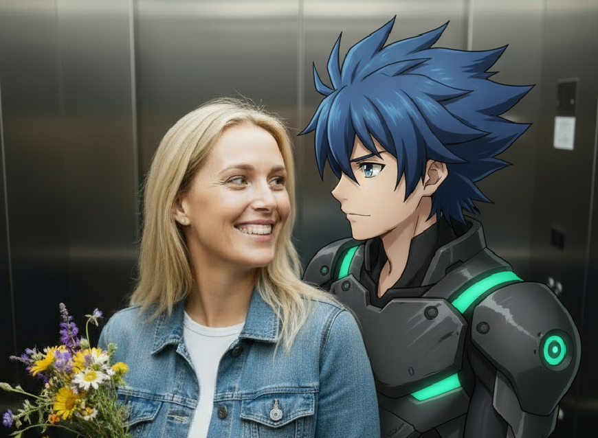 An ai elevator image of a female and a game character