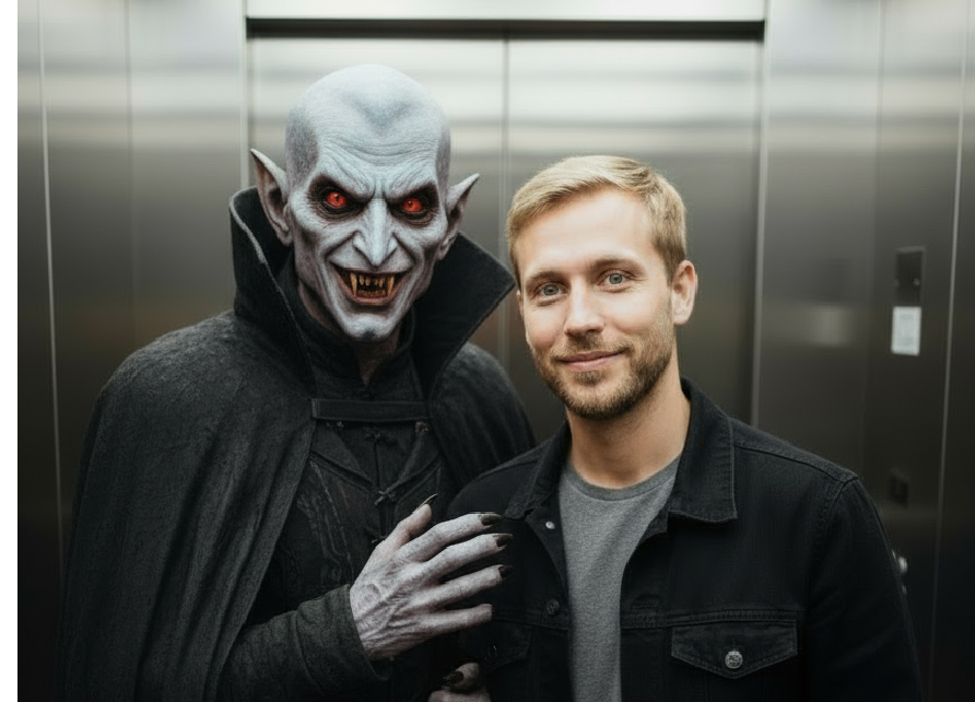 An ai elevator image of a man and a terrifying monster