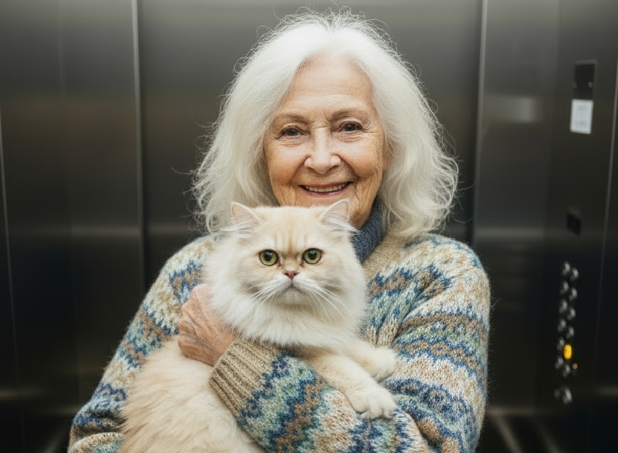An ai elevator image of an old female and her cat