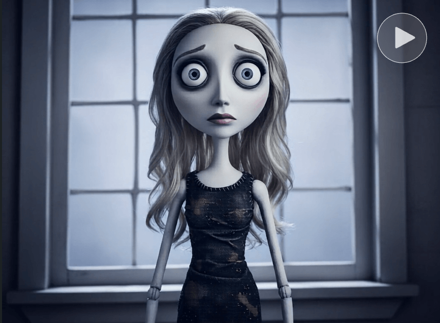 An ai generated halloween video of a doll in tim burton style